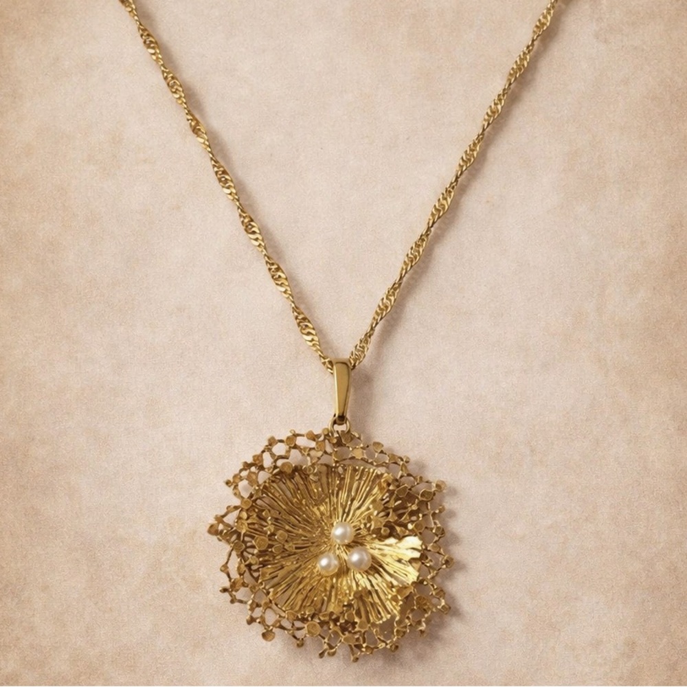 Vintage K&L Germany Sunburst Pendant Necklace 1960s Faux Pearl Gold Tone Rare